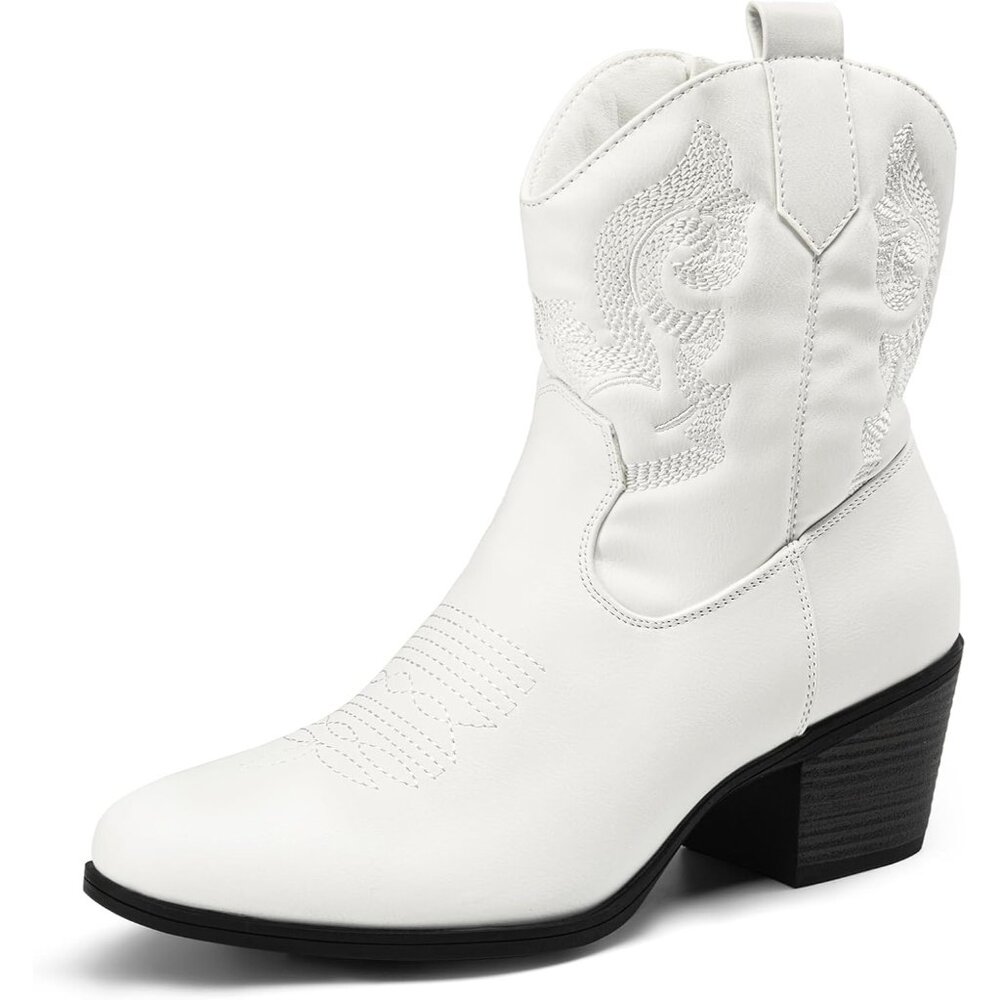 DREAM PAIRS Ankle Boots Women's White Leather Fashion Low chunky Heel Round Toe